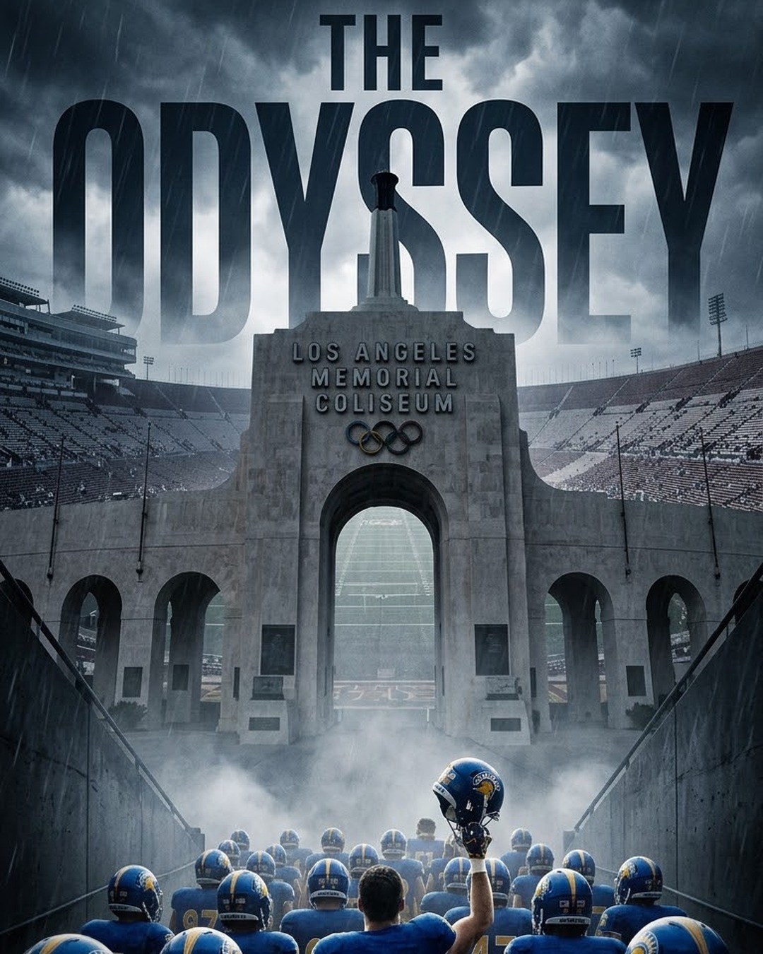 San José State players walking through the Coliseum tunnel, styled as a film poster titled The Odyssey
