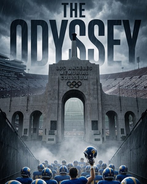 Spartans entering the Coliseum tunnel, styled as a film poster titled The Odyssey